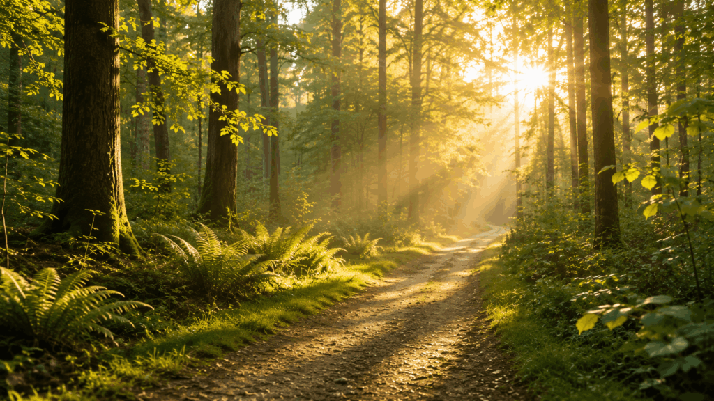 ruhiger Waldweg im Morgenlicht