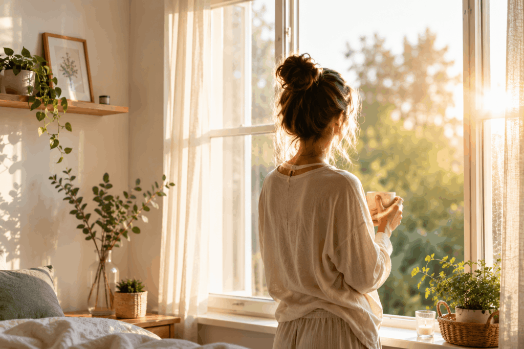 Frau steht entspannt am Fenster im Morgenlicht