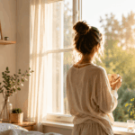 Frau steht entspannt am Fenster im Morgenlicht